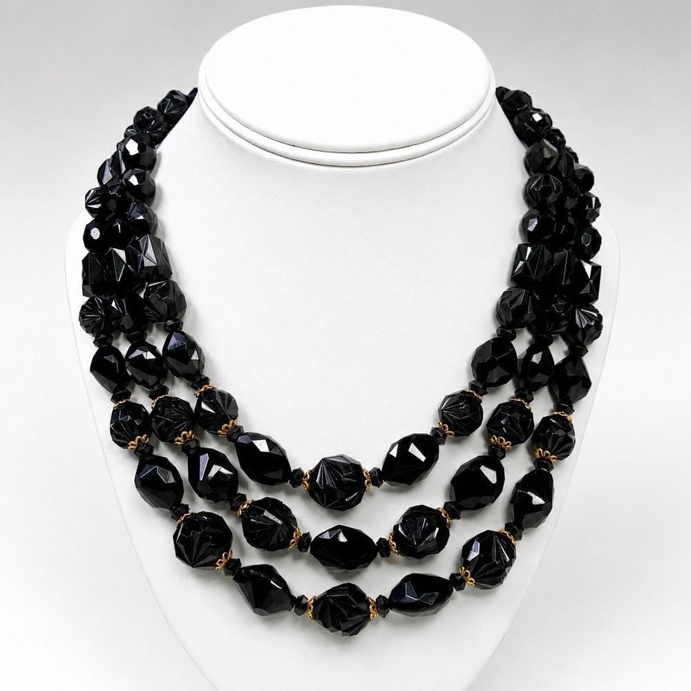 VTG Western Germany 3 Strand Black Lucite Bead Necklace Faceted Gold Tone 18"